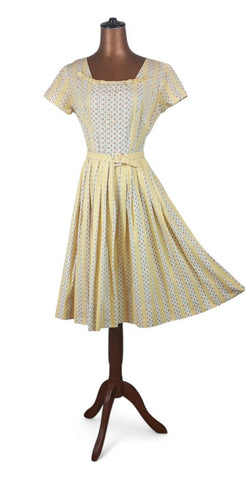 Genuine Vintage 50s Dress Cotton Summer Yellow Metallic zip Handmade UK 8 - Vintage Boutique
