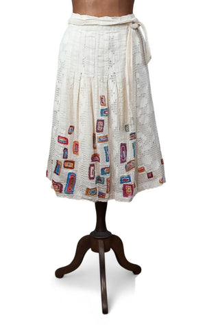 Genuine Vintage 50s Skirt Linen Summer Metallic zip Handmade Geometric UK 10 - Vintage Boutique