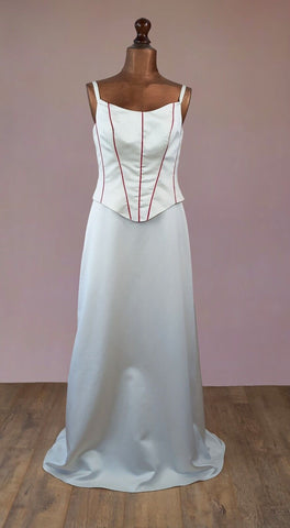 Preloved Wedding Dress Top and Skirt Ivory Satin Red Stripes Classy UK 12/14 - Vintage Attic