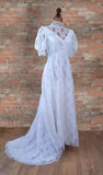 Pronuptia Vintage 70s Wedding Dress Boho Classy Long Maxi White Lace Train UK 12 - Vintage Attic