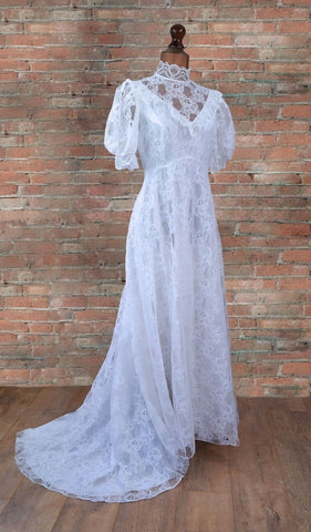 Pronuptia Vintage 70s Wedding Dress Boho Classy Long Maxi White Lace Train UK 12 - Vintage Attic