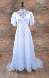 Pronuptia Vintage 70s Wedding Dress Boho Classy Long Maxi White Lace Train UK 12 - Vintage Attic