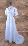 Pronuptia Vintage 70s Wedding Dress Boho Classy Long Maxi White Lace Train UK 12 - Vintage Attic