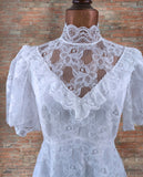 Pronuptia Vintage 70s Wedding Dress Boho Classy Long Maxi White Lace Train UK 12 - Vintage Attic