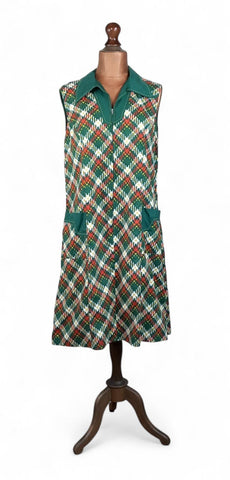 Vintage 60s Day Dress Cotton Mod Secretary Collared Pockets Midi Stripes UK 18 - Vintage Boutique