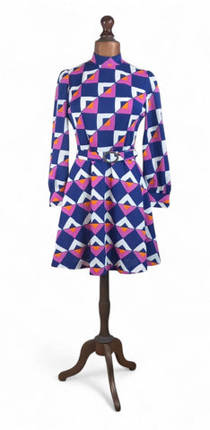 Vintage 60s Dress Handmade Gemoetric Skater Mod GoGo Knee Length Belted UK 12 - Vintage Boutique