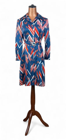 Vintage 60s Dress Skater Secretary Mod GoGo Knee Length Satin Geometric UK 10 - Vintage Boutique