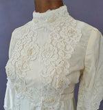 Vintage 60s Wedding Dress Boho High Waist Lace Long Maxi Satin Handmade UK 8 - Vintage Attic