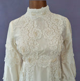 Vintage 60s Wedding Dress Boho High Waist Lace Long Maxi Satin Handmade UK 8 - Vintage Attic