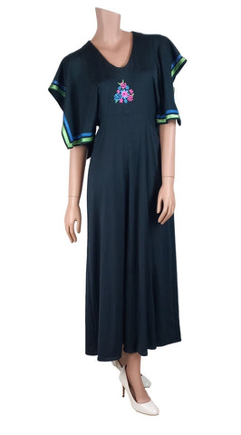 Vintage 70s Dress Long Maxi Hippie Retro Quirky Batwing Black Stripes UK 12 - Vintage Boutique