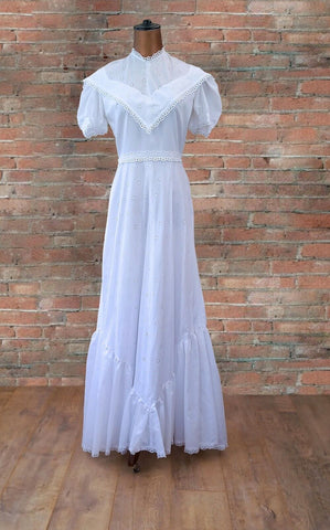 Vintage 70s Wedding Dress Boho Classy Elegant Long Maxi White Broderie UK 8 - Vintage Attic