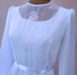 Vintage 70s Wedding Dress Boho Classy Long Maxi White Sheer Chiffon UK 14 - Vintage Attic