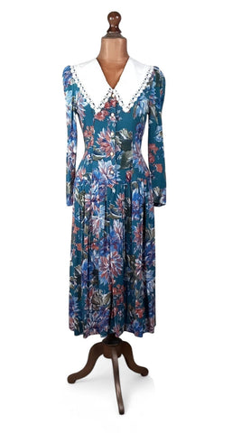 Vintage 80s Day Dress Casual Day Mod Traditional Folk Collar Floral Midi UK 10 - Vintage Boutique