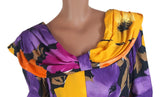 Vintage 80s Dress Summer Party Cocktail Swing Yellow Purple Knee Belted - UK 8 - Vintage Boutique
