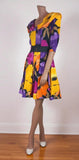 Vintage 80s Dress Summer Party Cocktail Swing Yellow Purple Knee Belted - UK 8 - Vintage Boutique