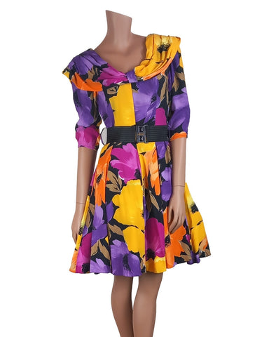 Vintage 80s Dress Summer Party Cocktail Swing Yellow Purple Knee Belted - UK 8 - Vintage Boutique