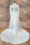 Vintage 80s Wedding Dress Classy Long Maxi Satin Lace Ivory long Train UK 10 - Vintage Attic