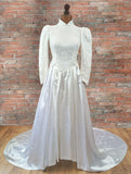 Vintage 80s Wedding Dress Classy Long Maxi Satin Lace Ivory long Train UK 10 - Vintage Attic