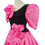 Vintage 90s Ball Gown Dress 3D Flowers Stage Theatre Velvet Satin Pink UK 18 - Vintage Boutique