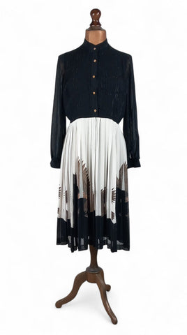 Vintage Japanese 80s Dress Mod Secretary Midi Classy Elegant Sheer Chiffon UK 14 - Vintage Boutique