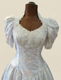 Vintage 80s Wedding Dress White Belle Princess Lace Beading Train UK 10/12 - VintageFairy