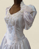 Vintage 80s Wedding Dress White Belle Princess Lace Beading Train UK 10/12 - VintageFairy