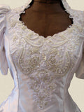 Vintage 80s Wedding Dress White Belle Princess Lace Beading Train UK 10/12 - VintageFairy