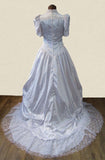 Vintage 80s Wedding Dress White Belle Princess Lace Beading Train UK 10/12 - VintageFairy