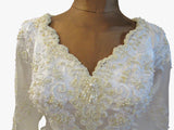 Vintage 80s Wedding Dress White Princess Lace Beading Long Train Bow UK 10 - VintageFairy