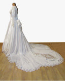 Vintage 80s Wedding Dress White Princess Lace Beading Long Train Bow UK 10 - VintageFairy