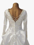 Vintage 80s Wedding Dress White Princess Lace Beading Long Train Bow UK 10 - VintageFairy