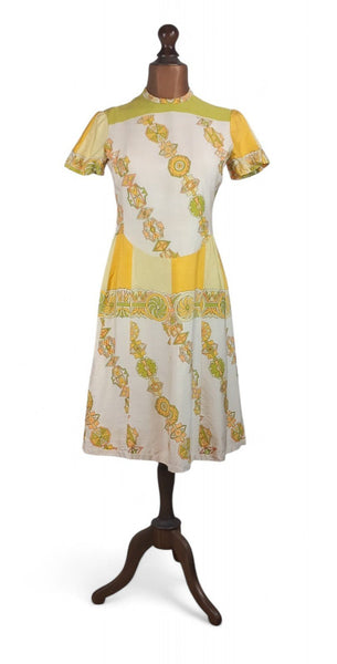 Genuine Vintage 50s 60s Dress Summer Yellow Handmade Silky Dropped Waist UK 12 - Vintage Boutique