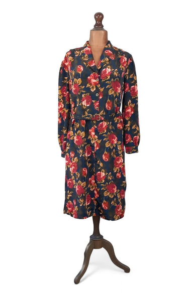 Vintage 60s Dress Mod Secretary Collared Belted Floral Satin Midi Handmade UK 20 - Vintage Boutique