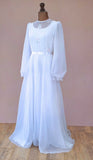 Vintage 70s Wedding Dress Boho Classy Long Maxi White Sheer Chiffon UK 14 - Vintage Attic