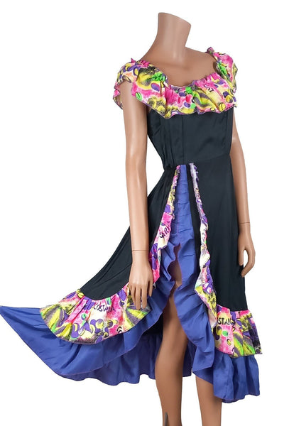 Vintage 80s Dress Dance Swing Party Prom Flamenco Colourful Flounces - UK 8 - Vintage Boutique