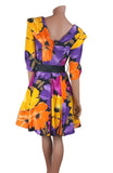 Vintage 80s Dress Summer Party Cocktail Swing Yellow Purple Knee Belted - UK 8 - Vintage Boutique