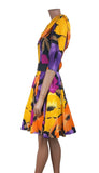 Vintage 80s Dress Summer Party Cocktail Swing Yellow Purple Knee Belted - UK 8 - Vintage Boutique