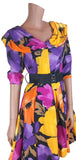 Vintage 80s Dress Summer Party Cocktail Swing Yellow Purple Knee Belted - UK 8 - Vintage Boutique