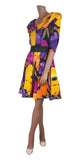 Vintage 80s Dress Summer Party Cocktail Swing Yellow Purple Knee Belted - UK 8 - Vintage Boutique