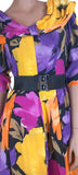 Vintage 80s Dress Summer Party Cocktail Swing Yellow Purple Knee Belted - UK 8 - Vintage Boutique