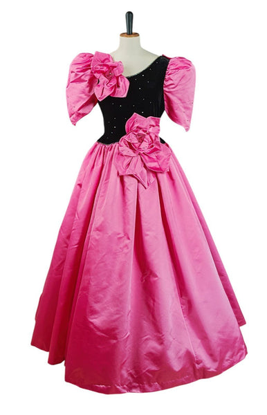 Vintage 90s Ball Gown Dress 3D Flowers Stage Theatre Velvet Satin Pink UK 18 - Vintage Boutique