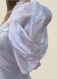 Vintage 80s Wedding Dress White Belle Princess Lace Beading Train UK 10/12 - VintageFairy
