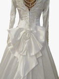 Vintage 80s Wedding Dress White Princess Lace Beading Long Train Bow UK 10 - VintageFairy