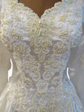 Vintage 80s Wedding Dress White Princess Lace Beading Long Train Bow UK 10 - VintageFairy