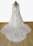 Vintage 80s Wedding Dress White Princess Lace Beading Long Train Bow UK 10 - VintageFairy