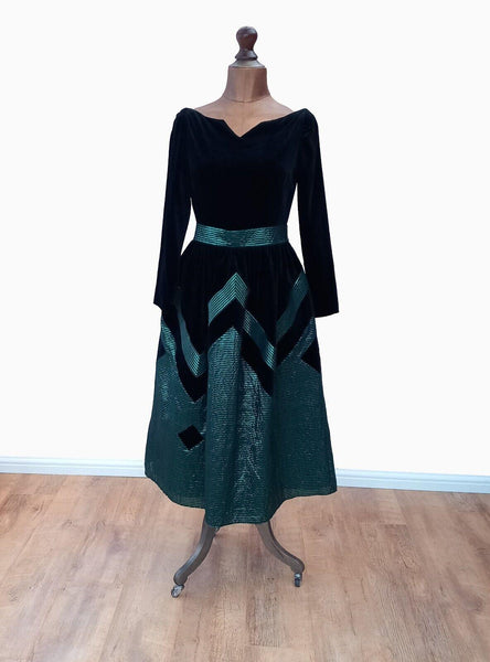 Vintage Dress 80s Evening Cocktail Prom Party Velvet Metallic Quality Midi UK 10 - Vintage Attic